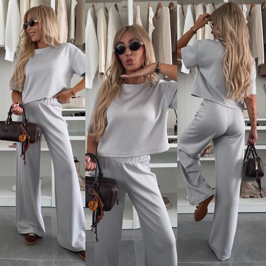 Damen Loungewear-Zweiteiler mit Cropped-Boxy-Shirt und fließender High-Waist Palazzo-Hose EB