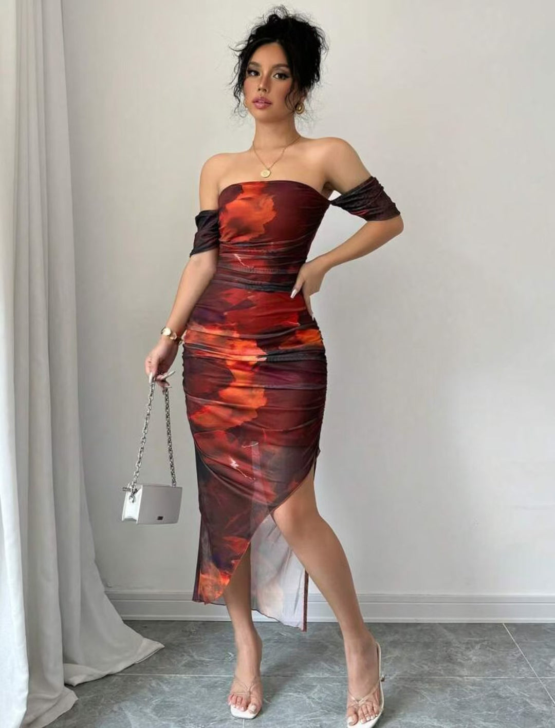 Damen elegantes Off-Shoulder Kleid mit raffinierten Rüschen EB