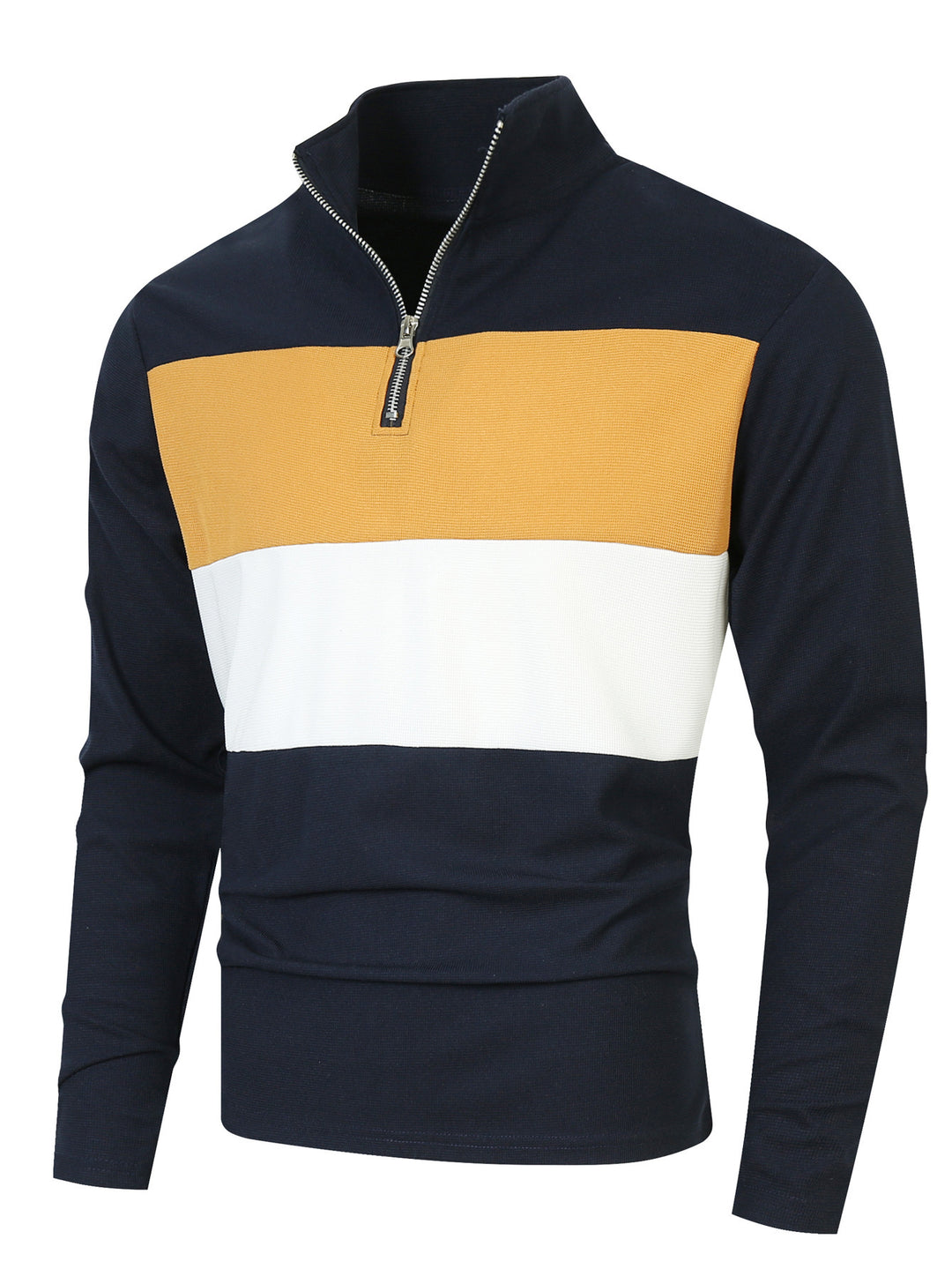 Herren nan Halbzip-Pullover mit Stehkragen, breitem Blockstreifen und fein gerippter Struktur EB