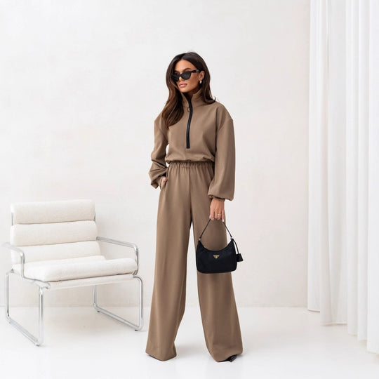 Damen relaxed-fit Zip-Pullover mit elastischem Taillenbund und extraweiter Palazzo-Hose Zweiteiler Eichborn Berlin