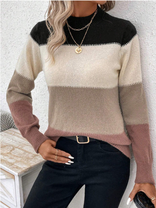 Damen modischer Strickpullover mit trendigem Blockstreifen und steigendem Kragen EB