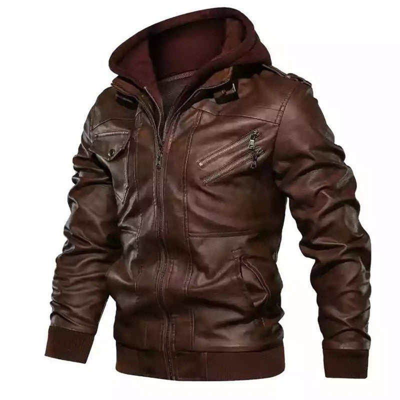 Herren Bikerjacke im Vintage-Look mit abnehmbarer Kapuze und vielseitigen Taschen EB