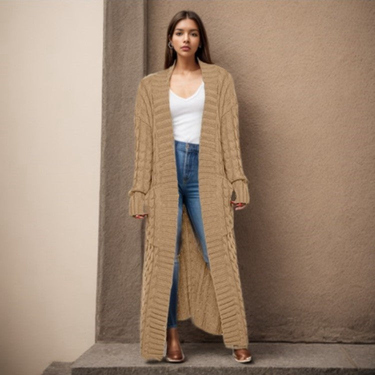 Damen Langer Strickcardigan mit raffiniertem Zopfdesign und praktischen Taschen EB