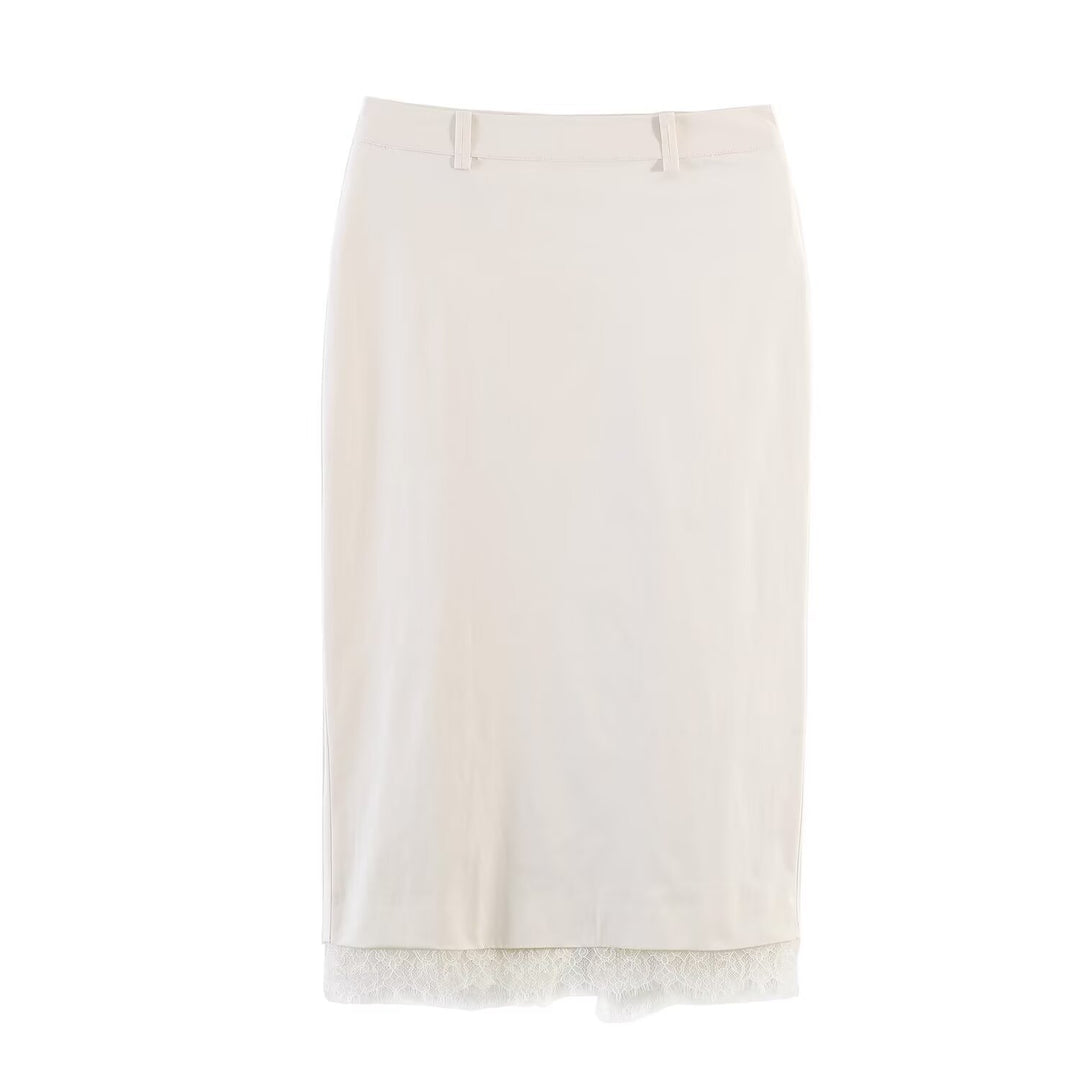 Damen eleganter Bleistiftrock mit transparentem Spitzenabschluss EB
