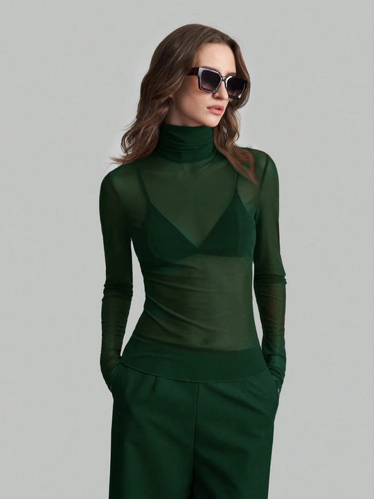 Damen Transparente Turtleneck-Bluse mit figurformendem Schnitt EB