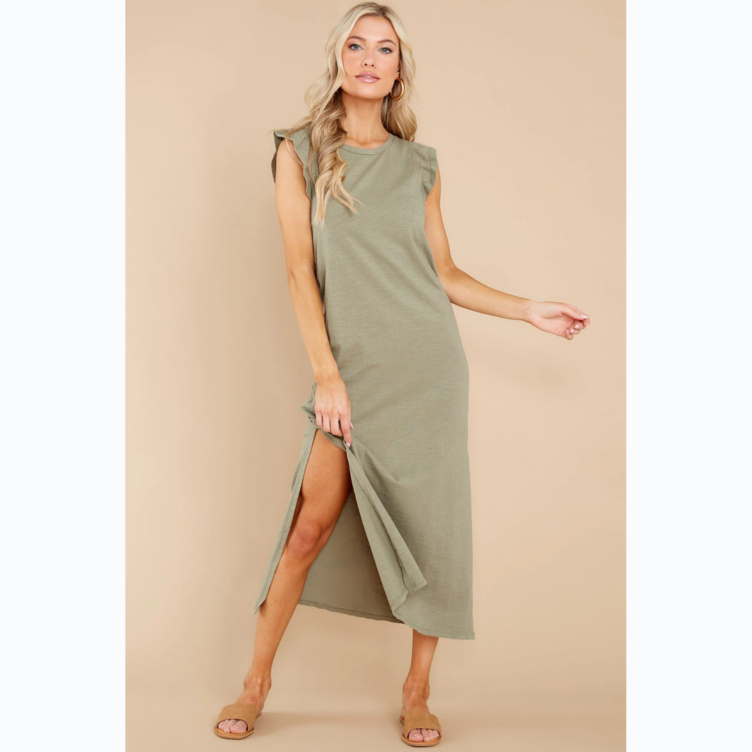 Damen Langarm Maxikleid mit verspielten Rüschendetails und lockerem Schnitt EB