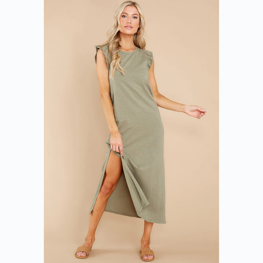 Damen Langarm Maxikleid mit verspielten Rüschendetails und lockerem Schnitt EB