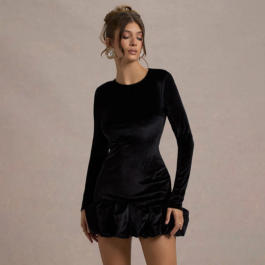 Damen Figurbetontes Samt-Minikleid mit langen Ärmeln und gerafftem Volant-Saum EB