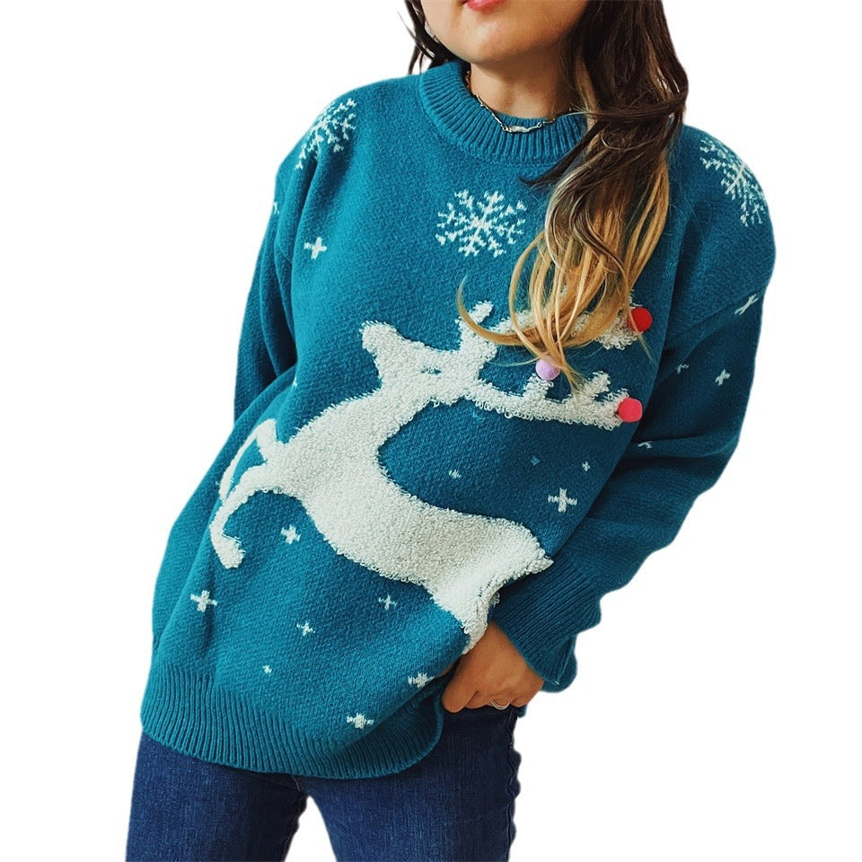 Damen festlicher Pullover mit kreativem Rentier-Motiv und strukturiertem Strick EB