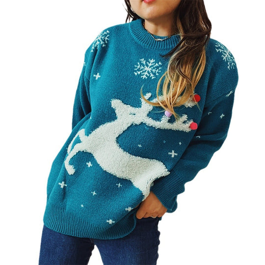 Damen festlicher Pullover mit kreativem Rentier-Motiv und strukturiertem Strick EB