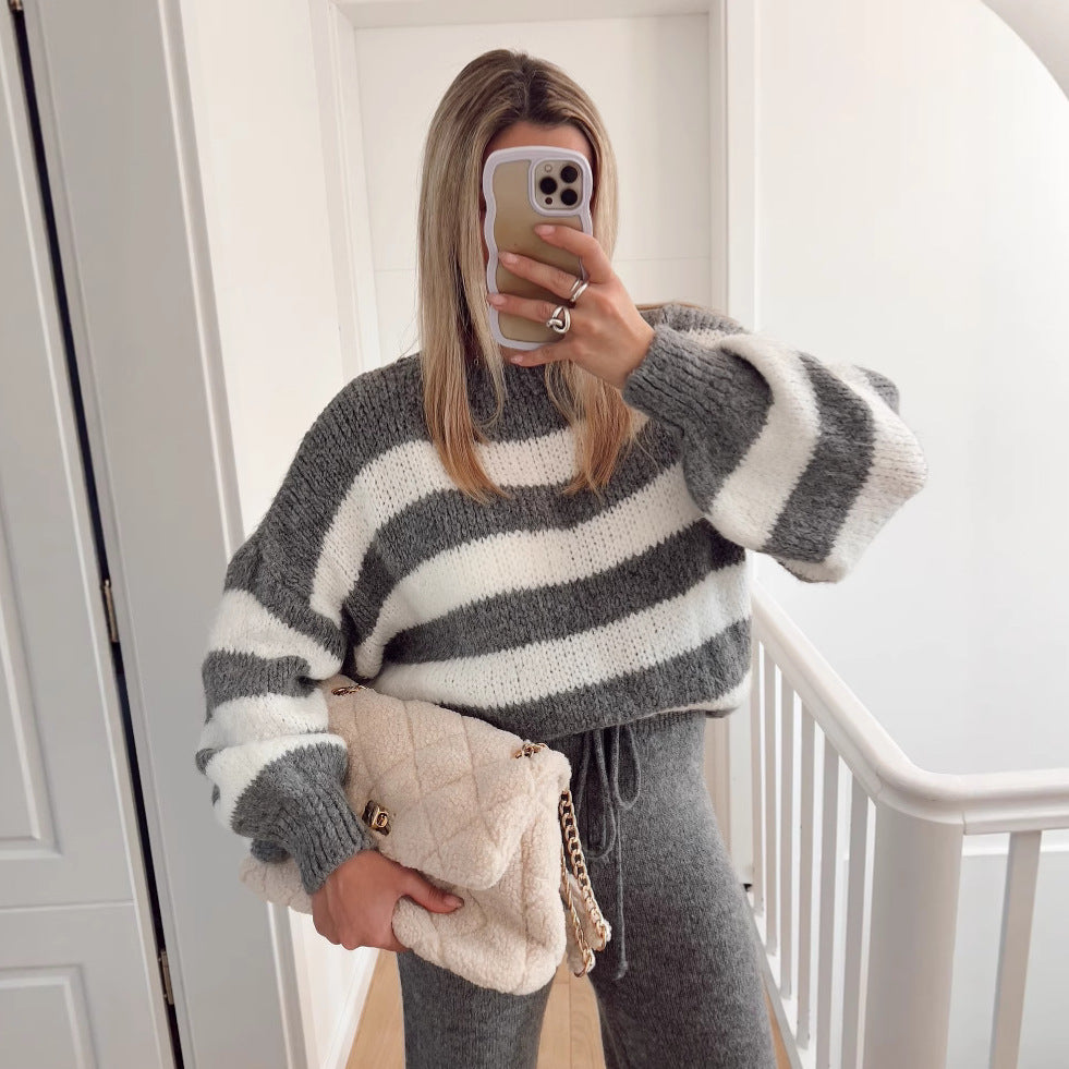 Damen modischer Cropped Pullover mit einzigartigem Streifenmuster und weit geschnittenen Ärmeln EB