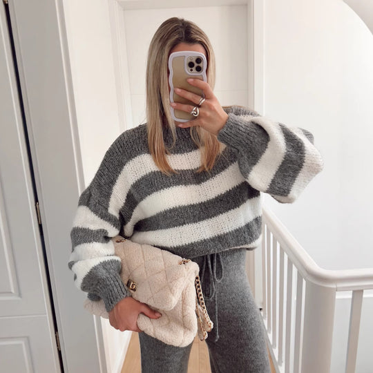 Damen modischer Cropped Pullover mit einzigartigem Streifenmuster und weit geschnittenen Ärmeln EB