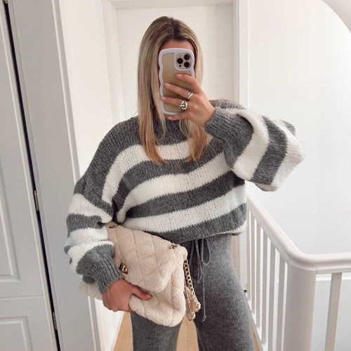 Damen modischer Cropped Pullover mit einzigartigem Streifenmuster und weit geschnittenen Ärmeln EB