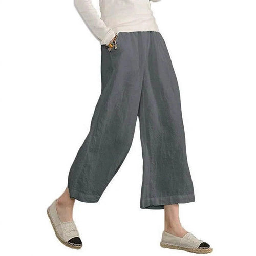 Damen weite Leinenhose mit seitlichen Taschen und elastischem Bund EB