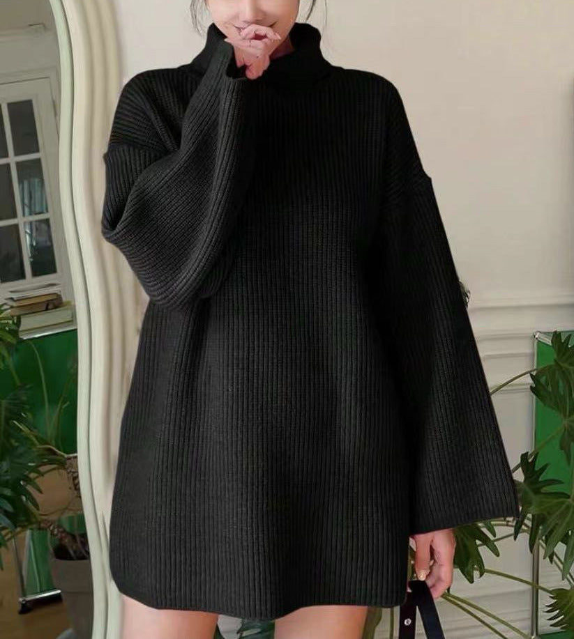 Damen Langer Strickpullover mit hohem Kragen und weit ausgestellten Ärmeln EB