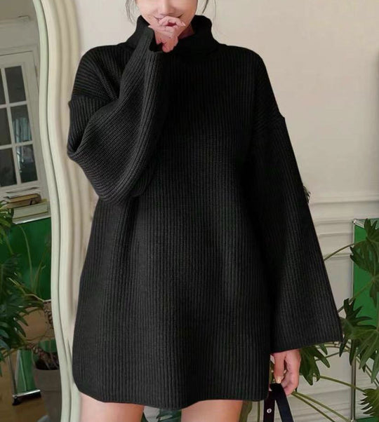 Damen Langer Strickpullover mit hohem Kragen und weit ausgestellten Ärmeln EB
