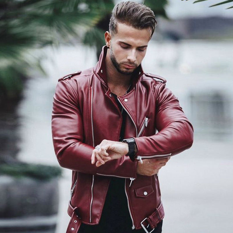 Herren nan stylische Bikerjacke aus Kunstleder mit asymmetrischem Reißverschluss und tailliertem Schnitt EB