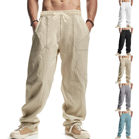 Herren Weite Leinenoptik-Freizeithose mit Elastischem Bund und Aufgesetzten Taschen EB