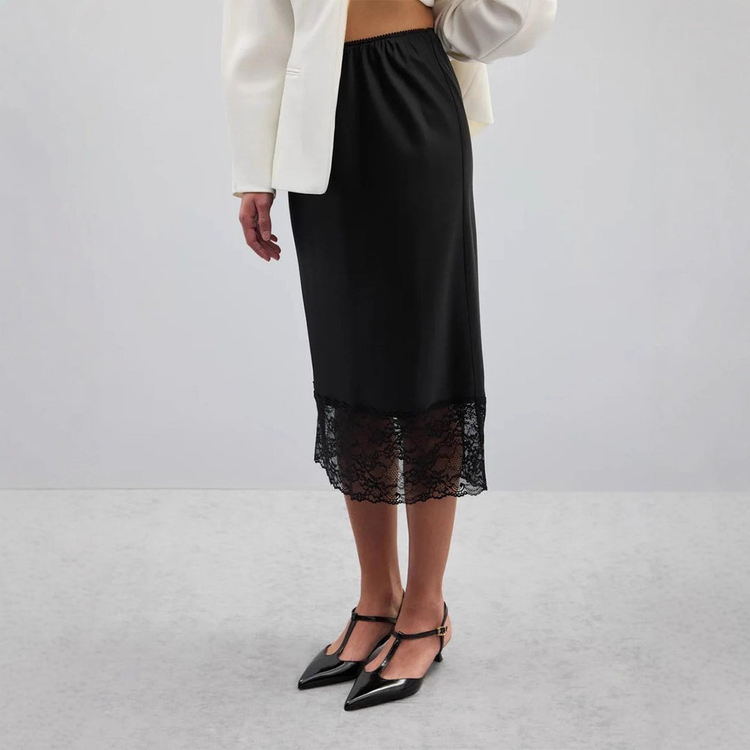 Damen eleganter Satin-Rock mit floralen Spitzenakzenten EB