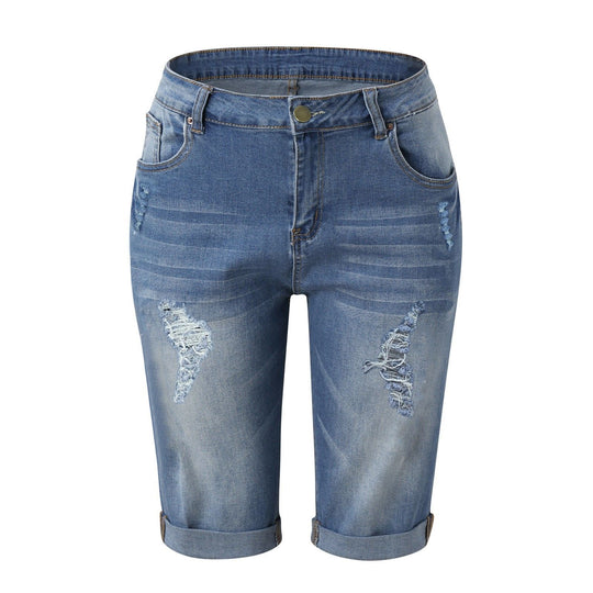 Damen Modische Destroyed Denim-Shorts mit Hohem Bund und Aufgerissenen Details EB