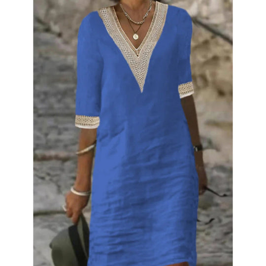Damen Leichtes Leinen-Midikleid mit V-Ausschnitt und Häkelspitzenbesatz EB