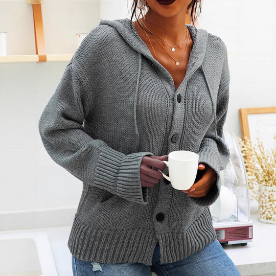 Damen Grober Strickcardigan mit Kapuze und praktischen Taschen EB