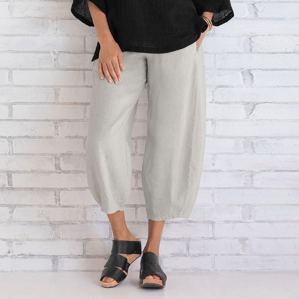Damen nan weit geschnittene Leinenhose mit Tulpen-Saum und elastischem Bund EB