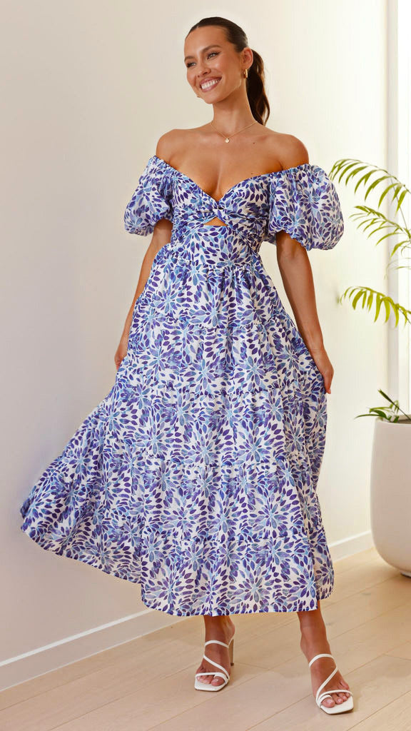 Damen Maxikleid mit voluminösen Puffärmeln und floralem Muster EB