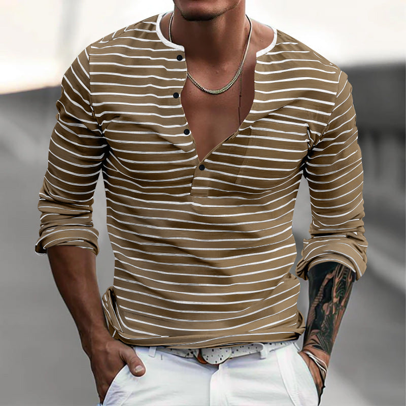 Herren Langarm-Henley-Shirt mit modischem Streifenmuster EB