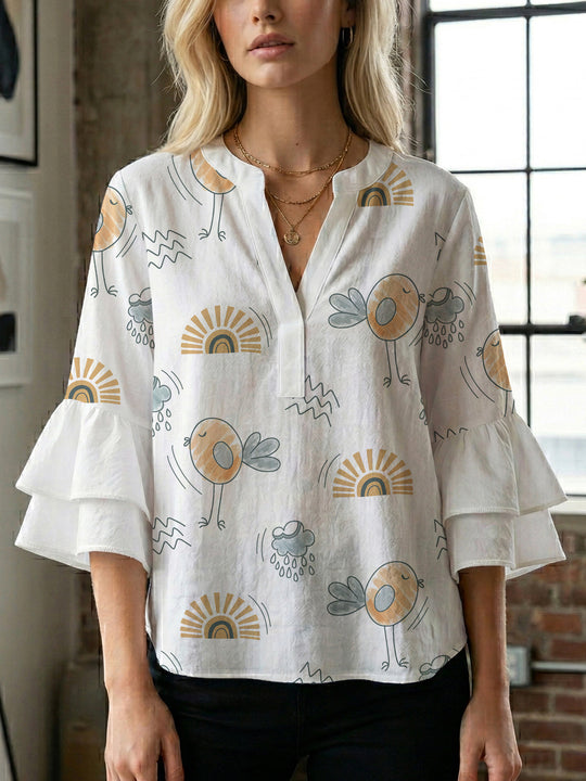 Damen Bluse mit Rüschendetails und auffälligem Animal-Print EB