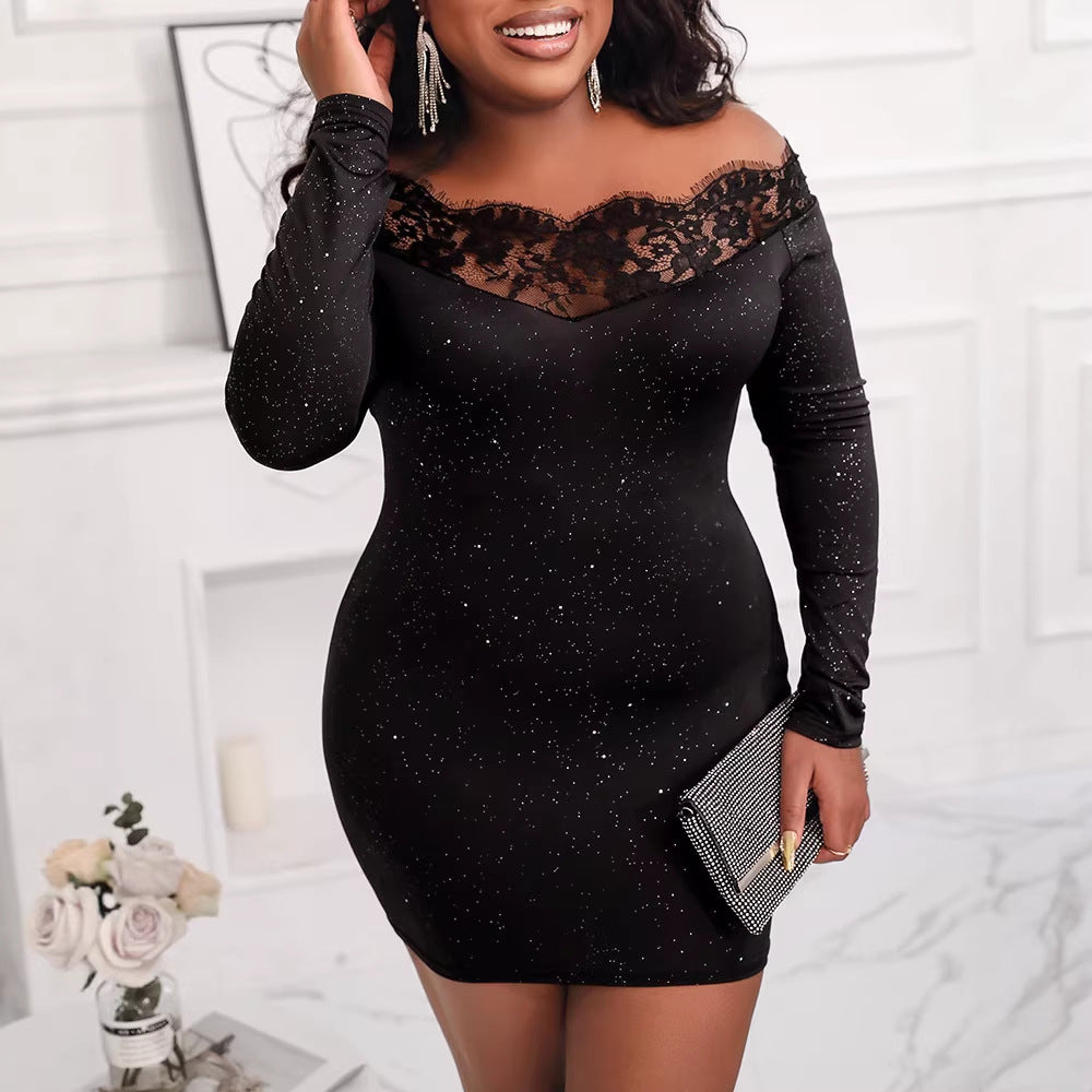 Damen Offshoulder Kleid mit Spitzenbesatz EB