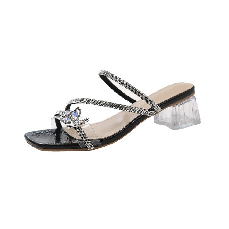 Damen glamouröse Sandalen mit funkelndem Riemen und transparentem Blockabsatz EB