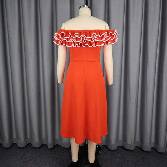 Damen A-Linien Abendkleid mit Off-Shoulder Rüsche EB