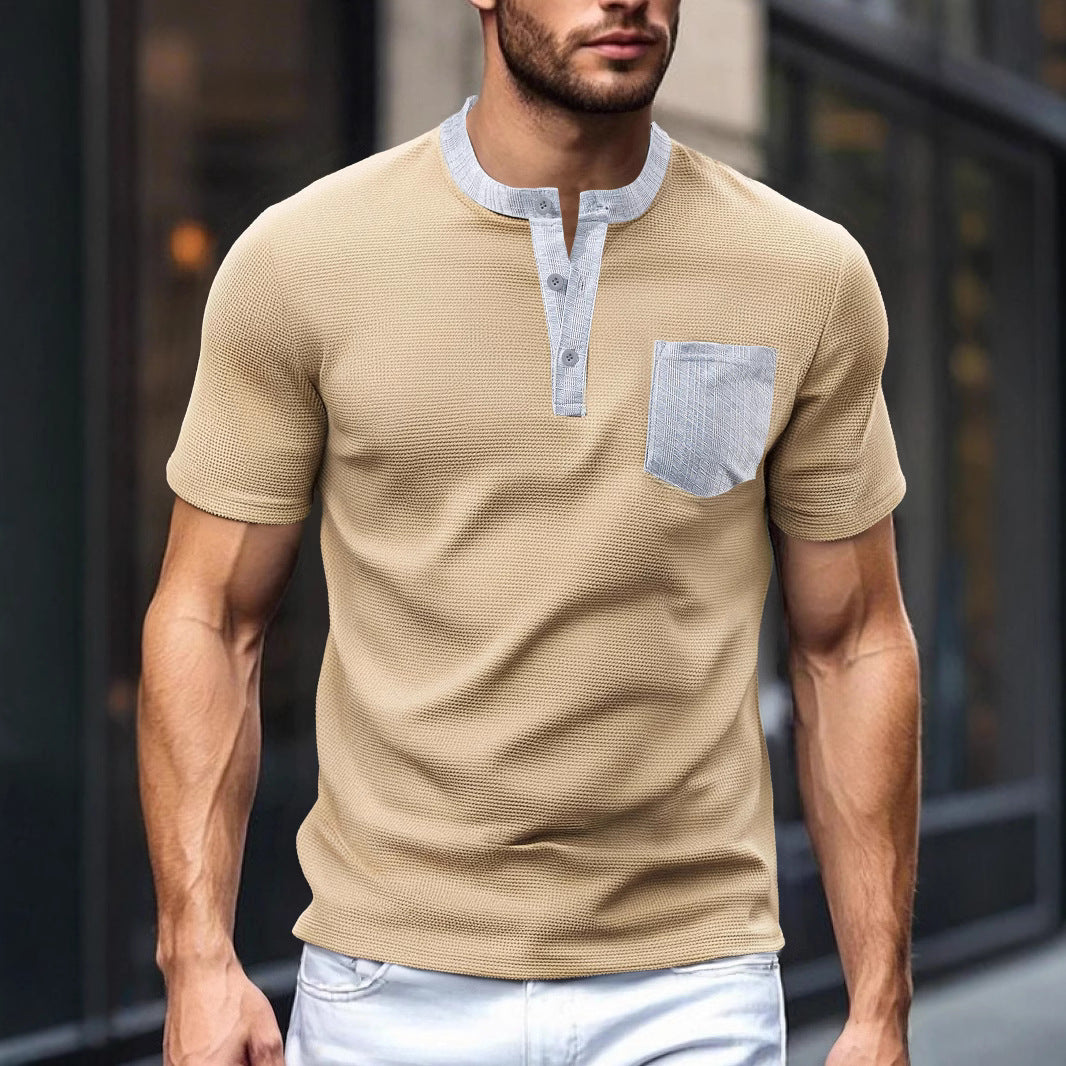 Herren nan atmungsaktives Waffel-Henleyshirt mit Stehkragen kurzer Knopfleiste und aufgesetzter Brusttasche EB