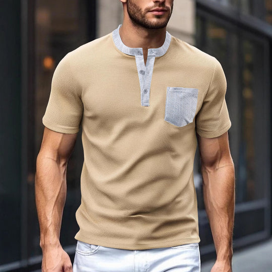 Herren nan atmungsaktives Waffel-Henleyshirt mit Stehkragen kurzer Knopfleiste und aufgesetzter Brusttasche EB