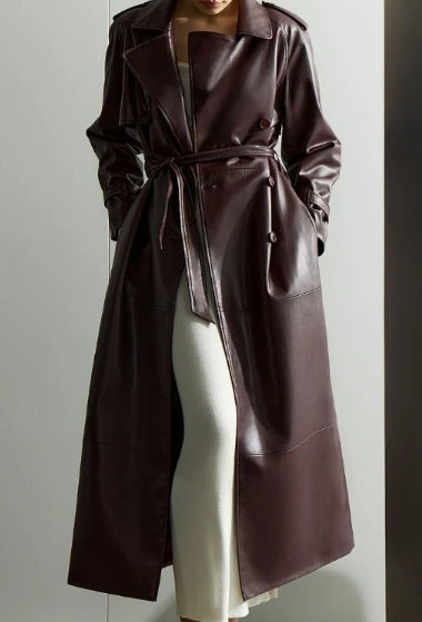Damen Trenchcoat aus hochwertigem Kunstleder mit taillierbarem Gürtel EB