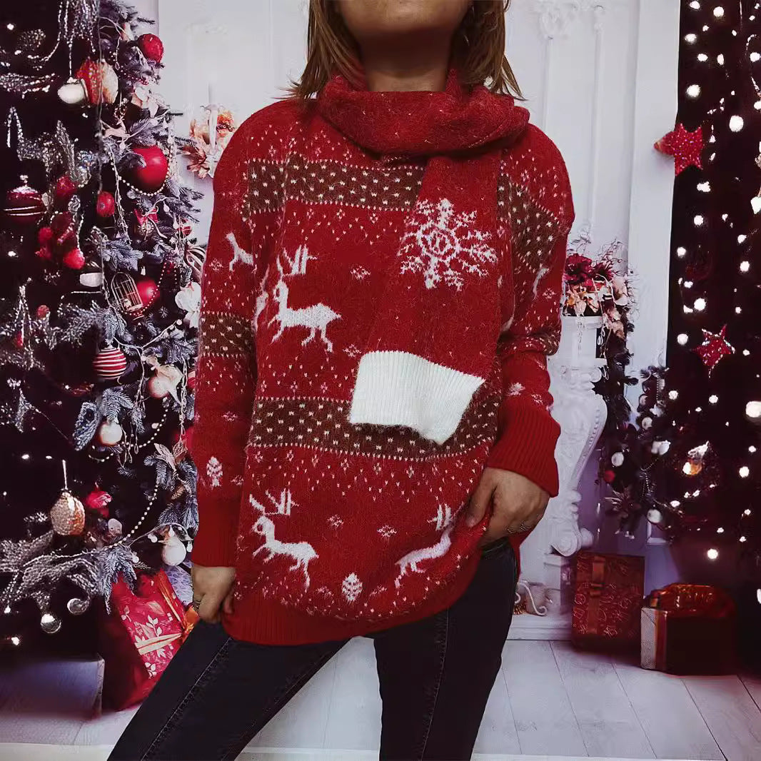 Damen Strickpullover mit festlichem Rentier-Motiv und hohem Kragen EB