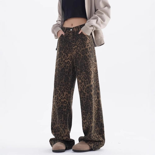 Damen Weite Leoparden-Jeans mit lässigem Schnitt und hoch tailliertem Design EB