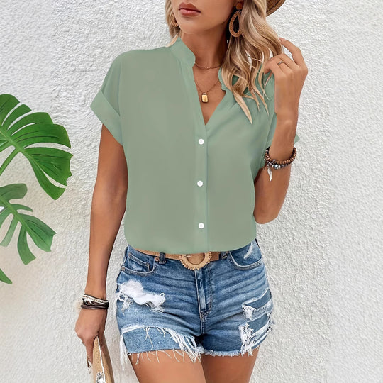 Damen Kurze Bluse mit Stehkragen und Knopfverschluss EB