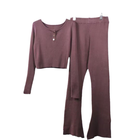 Damen lässiges Strick-Loungewear-Set mit Knopfdetails und weitem Bein EB