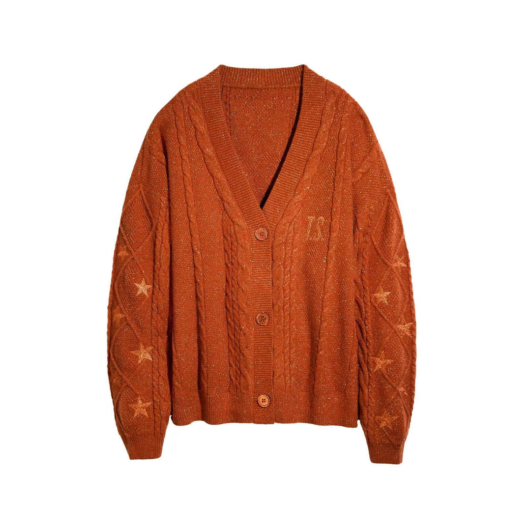 Damen nan großzügiger Grobstrick-Cardigan mit Zopfmuster, V-Ausschnitt und Sternstickereien EB