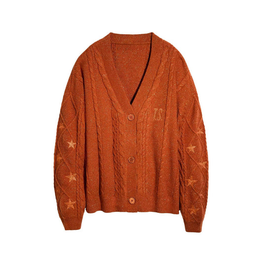 Damen nan großzügiger Grobstrick-Cardigan mit Zopfmuster, V-Ausschnitt und Sternstickereien EB