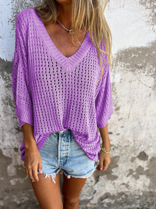 Damen nan luftig gestrickter V-Ausschnitt Pullover im Oversize-Schnitt EB