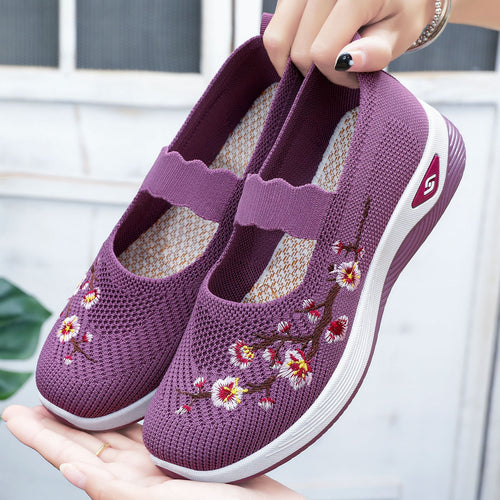 Damen nan bestickter gestrickter Slip-On Sneaker mit Mary-Jane Riemen und stoßdämpfender EVA-Sohle EB
