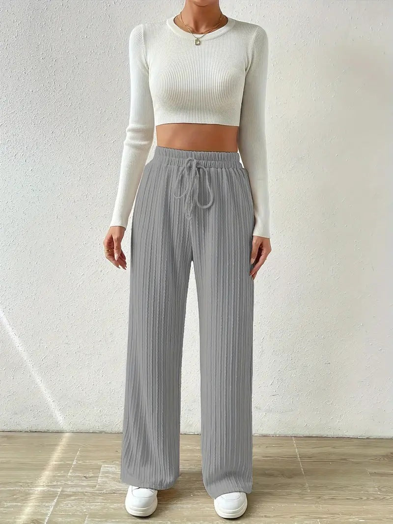 Damen Palazzo-Hose mit vertikalem Kordeldesign und elastischem Bund EB