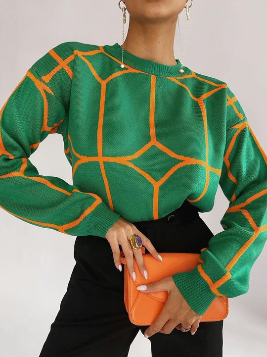Damen Modischer Pullover mit geometrischem Design und feiner Strickstruktur EB