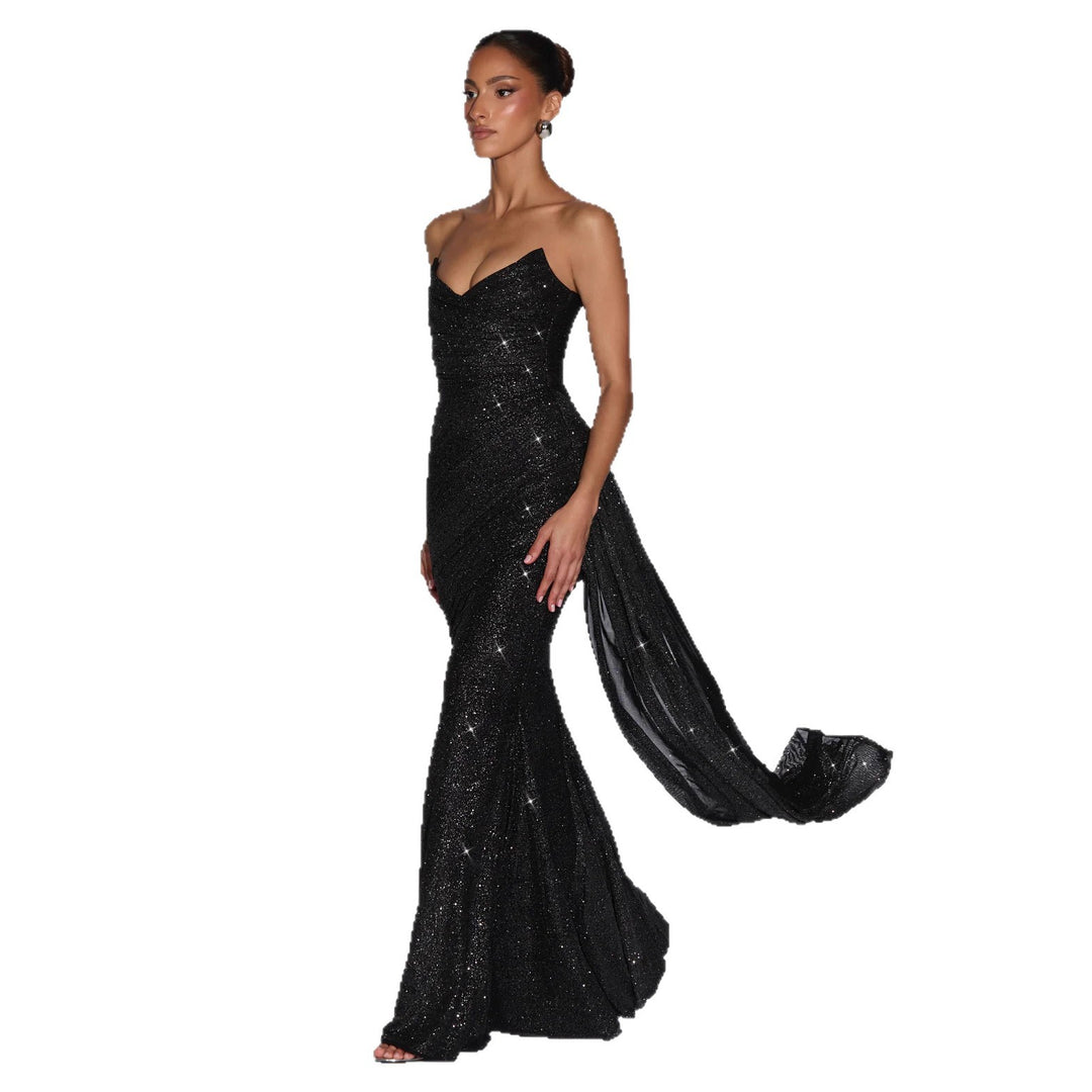 Damen Glamouröses Abendkleid mit tiefem V-Ausschnitt und schimmerndem Überwurf EB