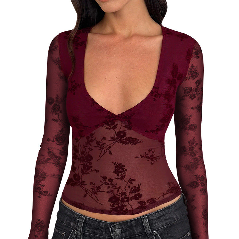 Damen transparente Spitzenbluse mit V-Ausschnitt und langen Ärmeln EB
