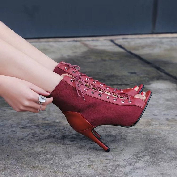 Damen Offene Zehen-Stiefeletten mit elegantem Schnürdesign und hohem Absatz EB