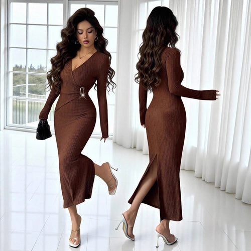 Damen nan tailliertes Wickelkleid mit V-Ausschnitt, strukturierter Knitteroptik und dekorativer Gürtelschließe EB